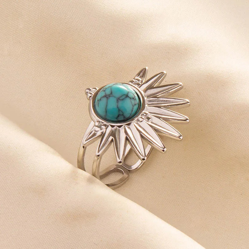 1pc Stainless Steel Boho Turquoise Open Finger Rings Trendy Adjustable Women Multi Layers Stackable
