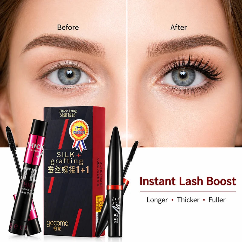 2-Step Mascara & Fiber Lash Extension Set, Lengthening Volumizing Waterproof Curling Mascara, Smudge-Proof Eye Makeup mbzr