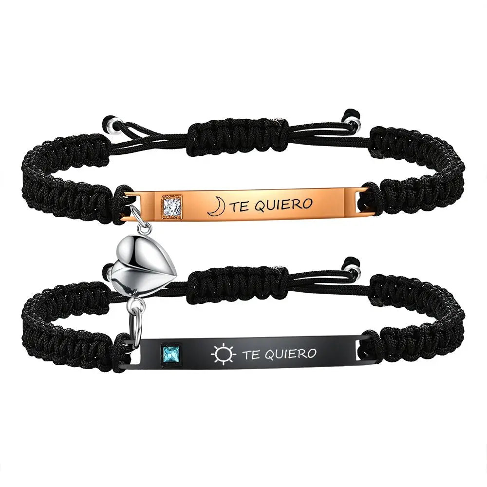 Fashion Custom Couple Stainless Steel Bracelet Set Black Woven Heart Magnetic Suction Diamond Inlaid Bracelet for Women Jewelry