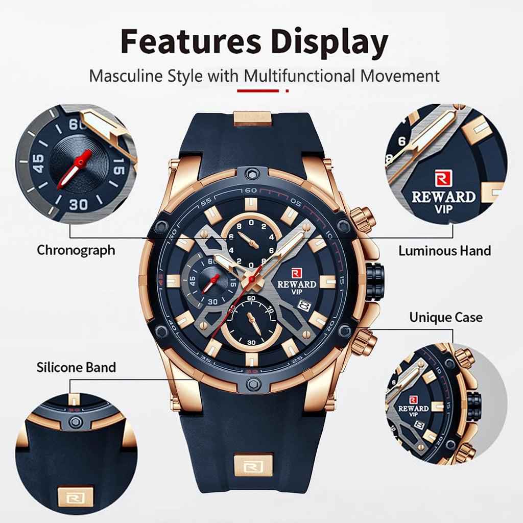 REWARD Luxury Sport Men Quartz Watch Man Wristwatch Chronograph Silicone Strap Waterproof Luminous Hands Date Men's Watches