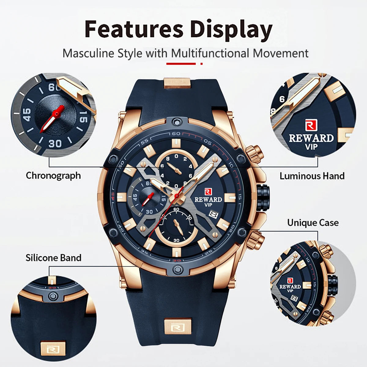 REWARD Luxury Sport Men Quartz Watch Man Wristwatch Chronograph Silicone Strap Waterproof Luminous Hands Date Men's Watches