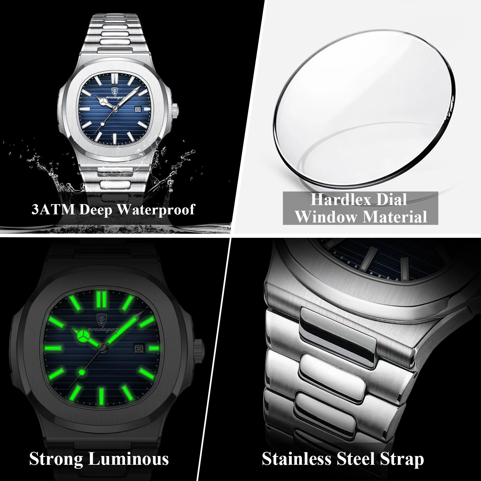 POEDAGAR Luxury Square Men’s Quartz Wristwatch Waterproof Luminous Date Stainless Steel Man Clock Business Sports Watches For Men Casual Male Reloj mbzr