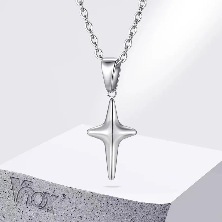 Vnox Silver Color O-Chain Stainless Steel Hollow Four Point Star Pendant Necklace for Men, Hip Hop Minimalist Necklaces Gift Ne