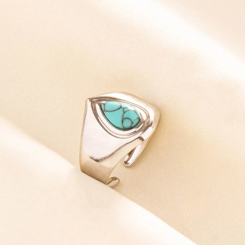 1pc Stainless Steel Boho Turquoise Open Finger Rings Trendy Adjustable Women Multi Layers Stackable