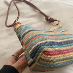 Women's Striped Woven Straw Tote Bag - Lightweight Large Capacity with Detachable Coin Purse & Zip Closure for Beach Vacation mbzr