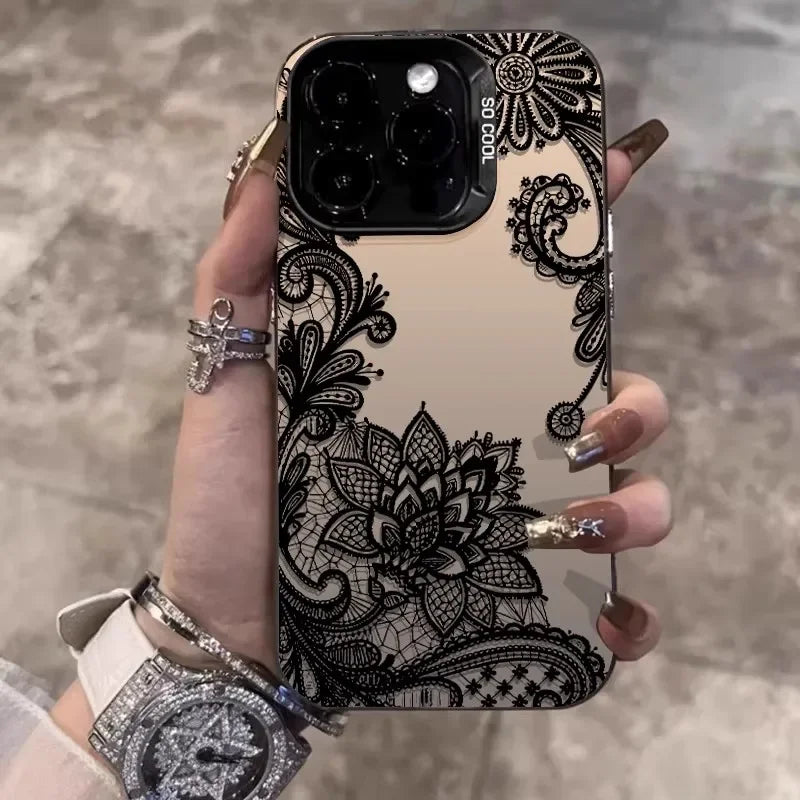 Black Lace Pattern INS Wind Phone Case for iPhone 17/16/15/14/13/12/11 Pro Max Plus Fashion Hard Case