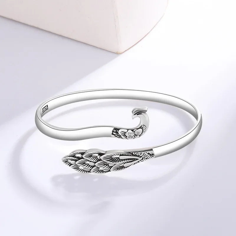 Ethnic Style Retro Thai Silver Exquisite Hollow Peacock 925 Sterling Silver Personality Animal Opening Antique Design Bracelets mbzr