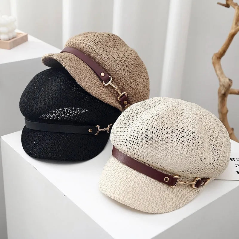 Hollow Breathable Octagonal Hat for Women Sun Protection Peaked Cap Versatile Painter Beret Hat