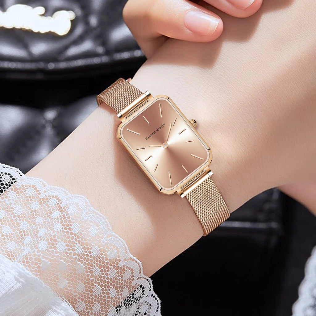 Hannah Martin Womens Watch US Local Shipping Square 34mm Dial Simple Bar Scale Silver Stainless Steel Milan Strap Japanese Original Quartz Movement Clock Nordic Fashion Style Suitable for Various Dressing Styles, Women Gift C