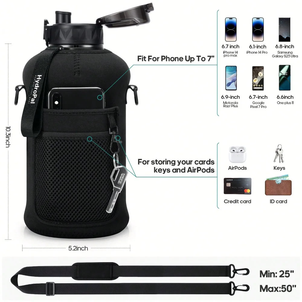 UKEIN Half Gallon Water Bottle With Storage Sleeve, 74oz Large Water Bottle With 2 Lids(Straw Lid And Chug Lid), Big Sports Wate mbzr