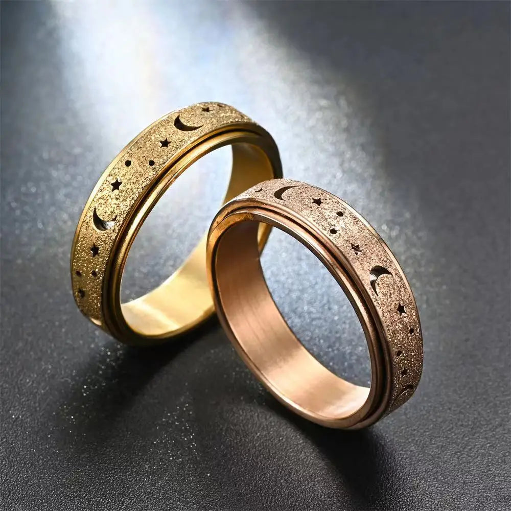 Anti Stress Stainless Steel Spinning Rotating Finger Rings For Women Men Rotatable Design Moon-Star Frosted Ring Fashion Jewelry