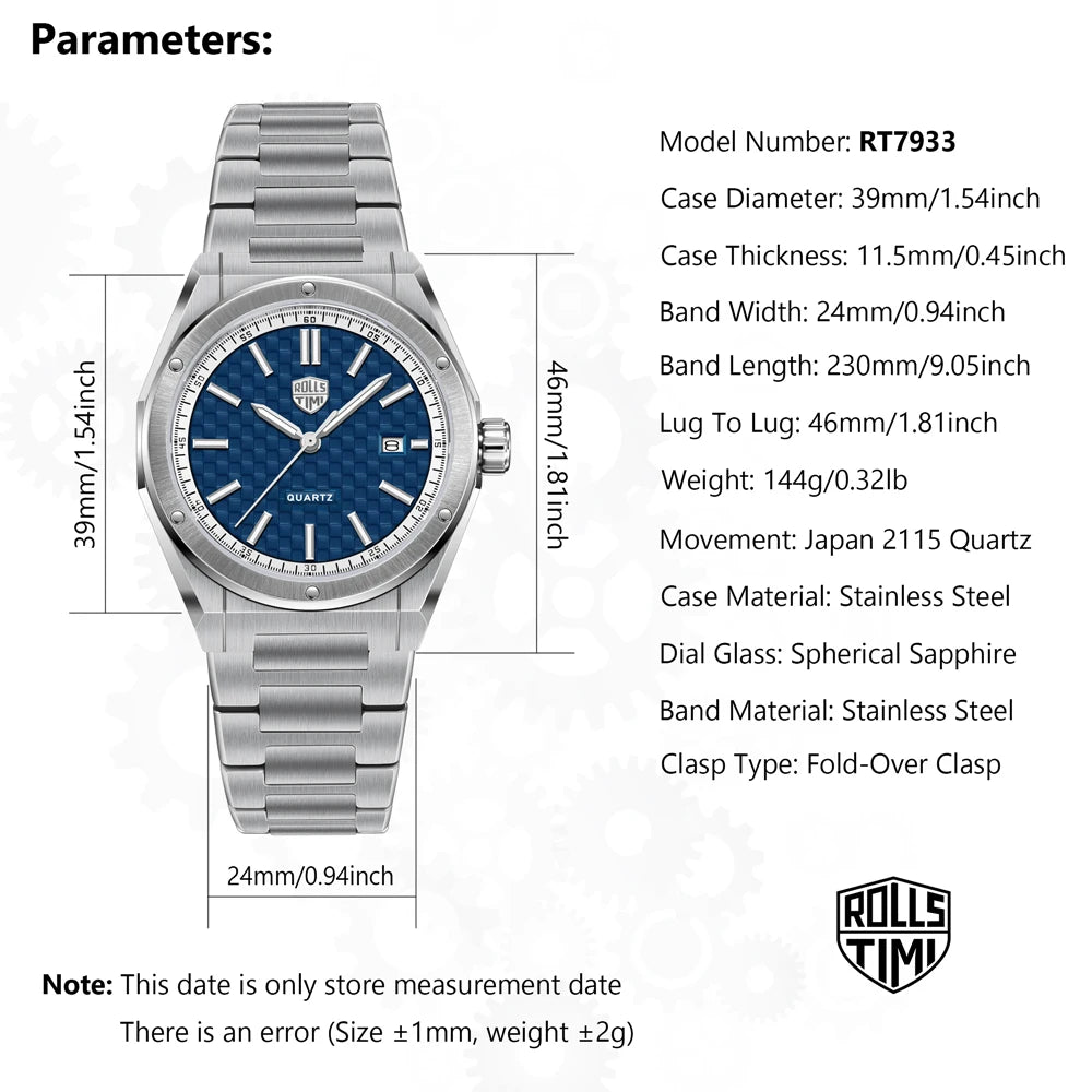 RollsTimi Men's Watches 2026 Top Luxury Watch For Men Quartz Man Waterproof Sports AR Sapphire Luminous Stainless Steel Clock Gift mbzr