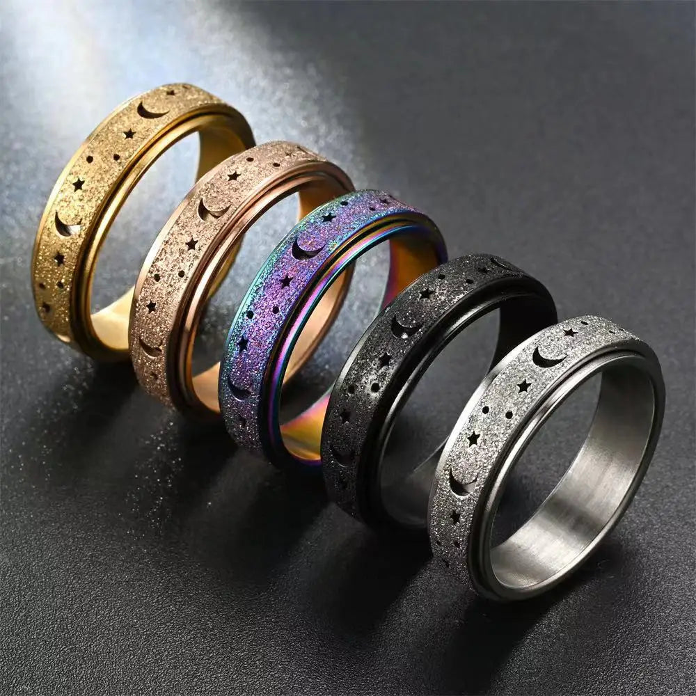 Anti Stress Stainless Steel Spinning Rotating Finger Rings For Women Men Rotatable Design Moon-Star Frosted Ring Fashion Jewelry