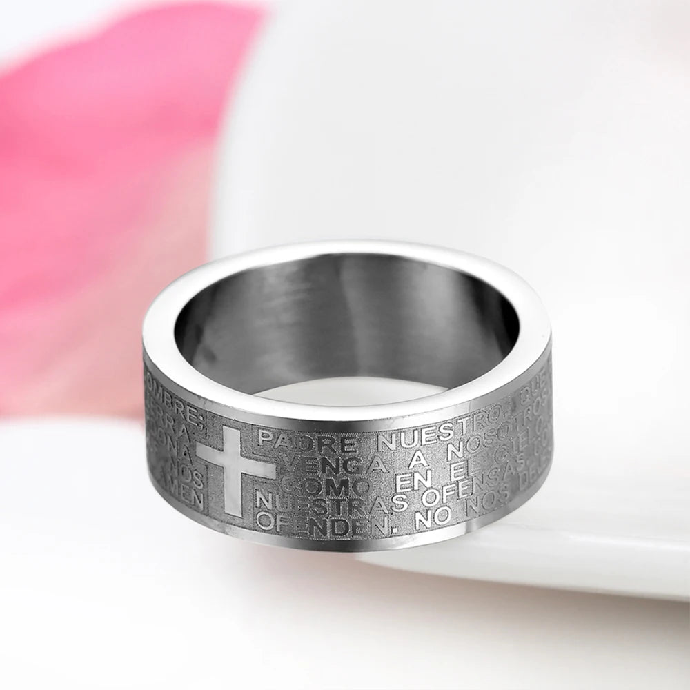 Fashion Mens 316L Stainless Steel Ring Spanish Lord's Prayer Bible Cross 8mm Band silver color anillos hombre mens jewellery