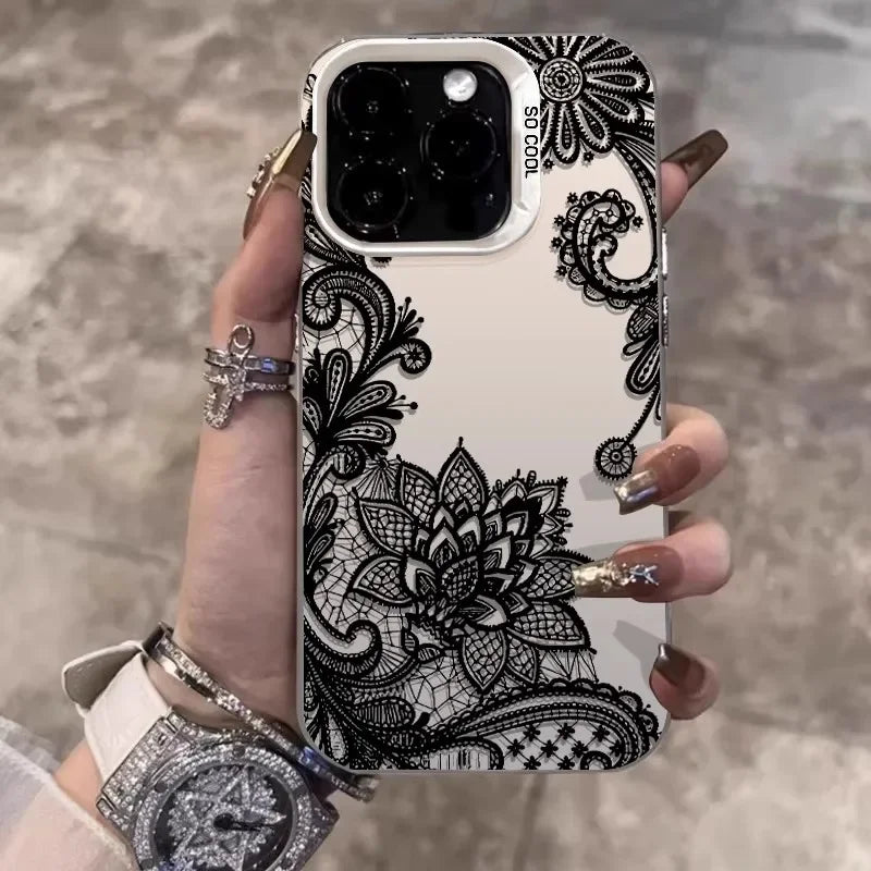 Black Lace Pattern INS Wind Phone Case for iPhone 17/16/15/14/13/12/11 Pro Max Plus Fashion Hard Case