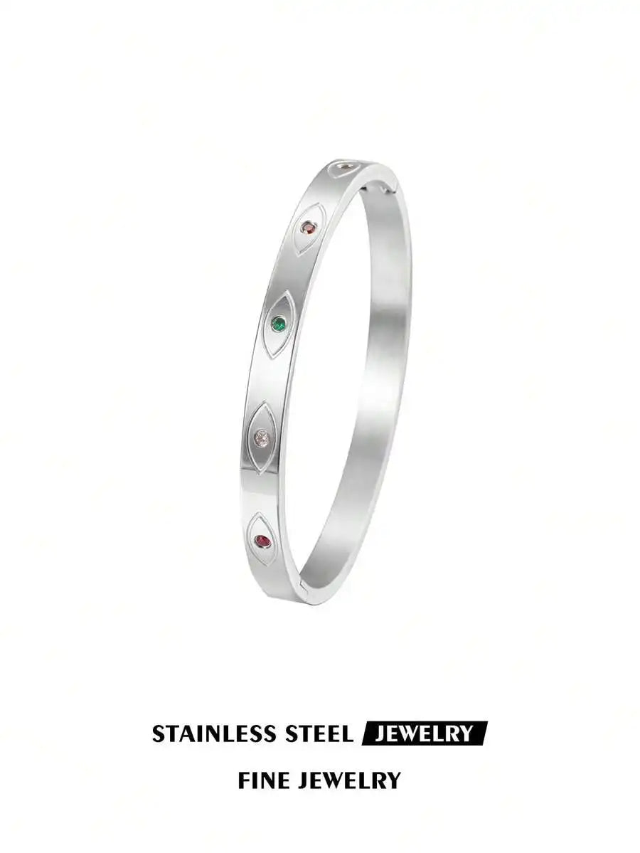 Gold Plated Stainless Steel Evil Eye Cuff Bracelet Bohemian Style For Women