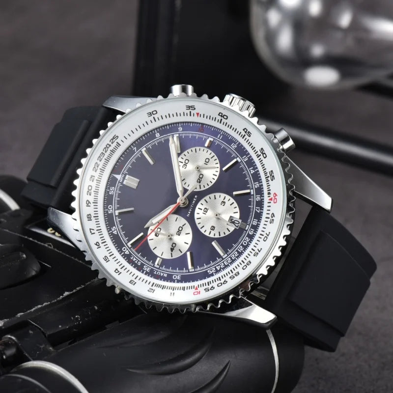 Men Quartz Chronograph Watch Silver Alloy Case Tachymeter Scale Bezel Date Display Soft Silicone Rubber Strap Sports Male Wrist Watch