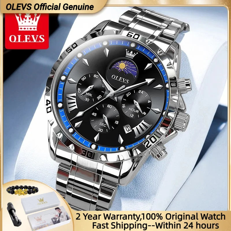 OLEVS Fashion Brand Men's Watch Waterproof and Luminous Calendar Lunar Phase Timing Code Watch Luxury Sports Men's Quartz Watch mbzr