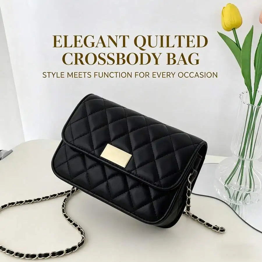 Quilted PU Leather Crossbody Bag with Gold Clasp & Chain Strap