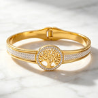Tree Of Life Crystal Bangle For Women, Gold Stainless Steel Spring‑Open Bracelet, Waterproof Hypoallergenic Fade‑Resistant Inlay Crystal Statement Jewelry Gift