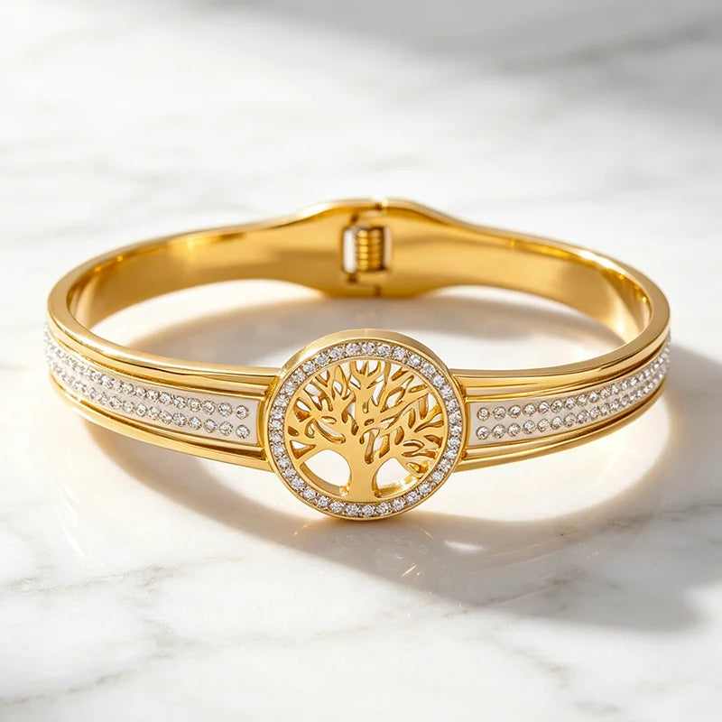 Tree Of Life Crystal Bangle For Women, Gold Stainless Steel Spring‑Open Bracelet, Waterproof Hypoallergenic Fade‑Resistant Inlay Crystal Statement Jewelry Gift