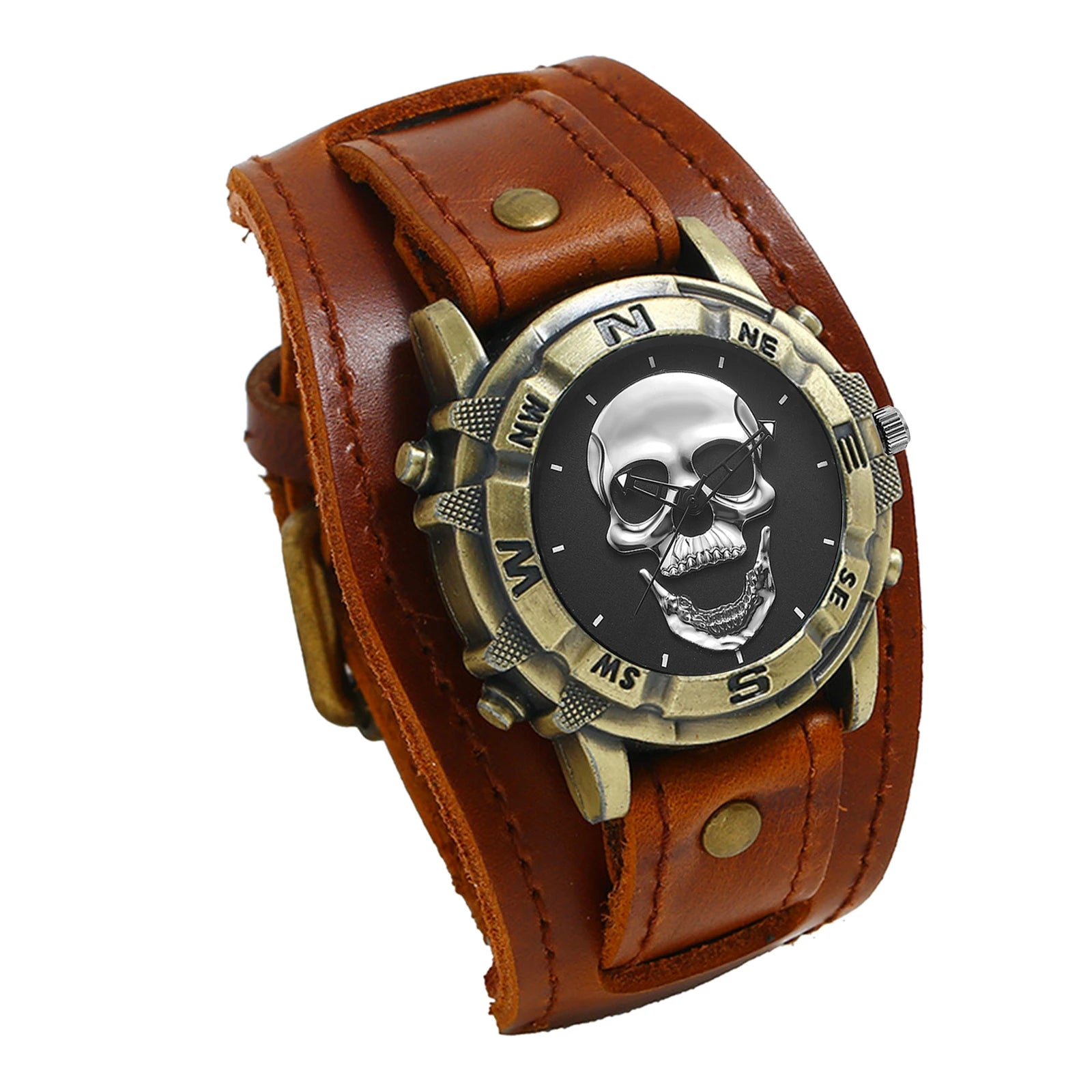 LANCARDO Men's Analog Quartz Watch Halloween Punk Motorcycle Leather Watch Retro Sports Casual Wide Leather Watch Skeleton Decor