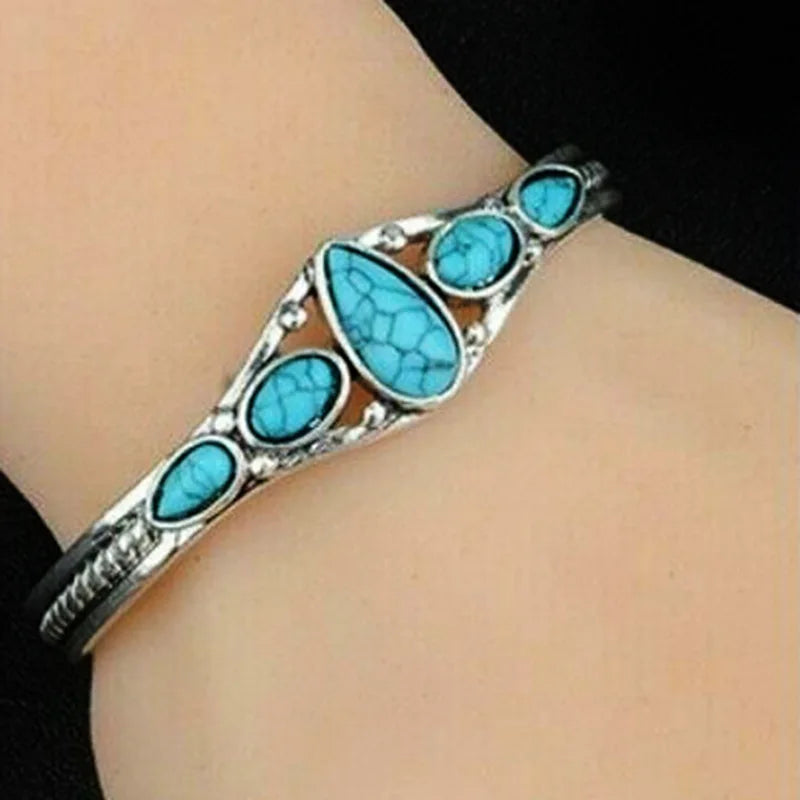 Wu's 2022 New European and American Bohemian Style Retro Turquoise Carved Hollow Geometric Bracelet Opening Adjustable Bracelet