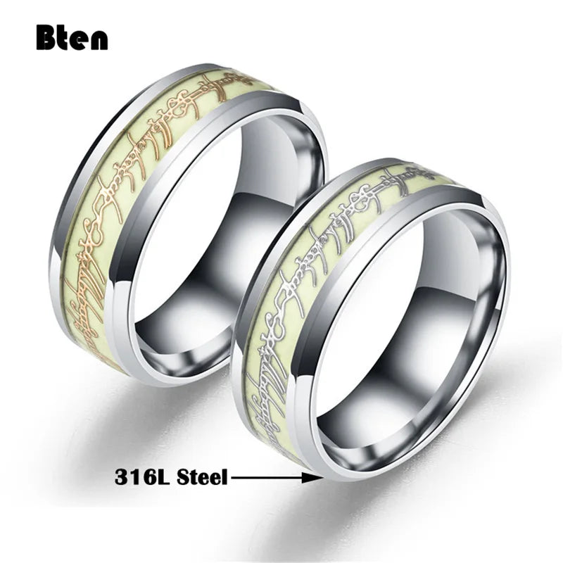 Bten Luminous Ring Black Fashion Man Minimalist Stainless Steel Ring Glowing Ring Couple In The Dark Jewelry Black Domineering