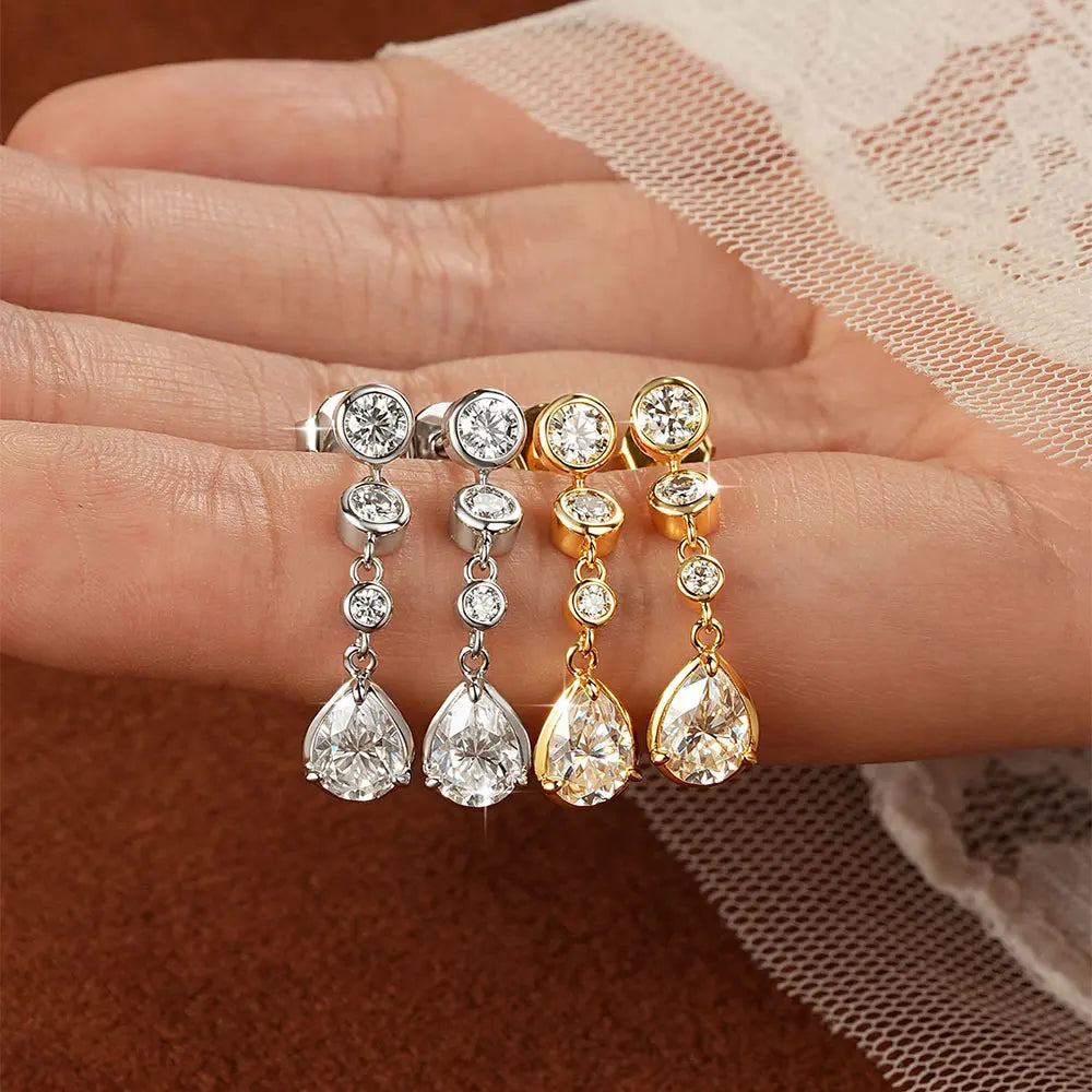 OXTAO Elegant Long Tassels Drop Earrings For Women Anniversary Jewelry Gifts Pear Cut Moissanite Wedding Earrings 14K Gold Filled