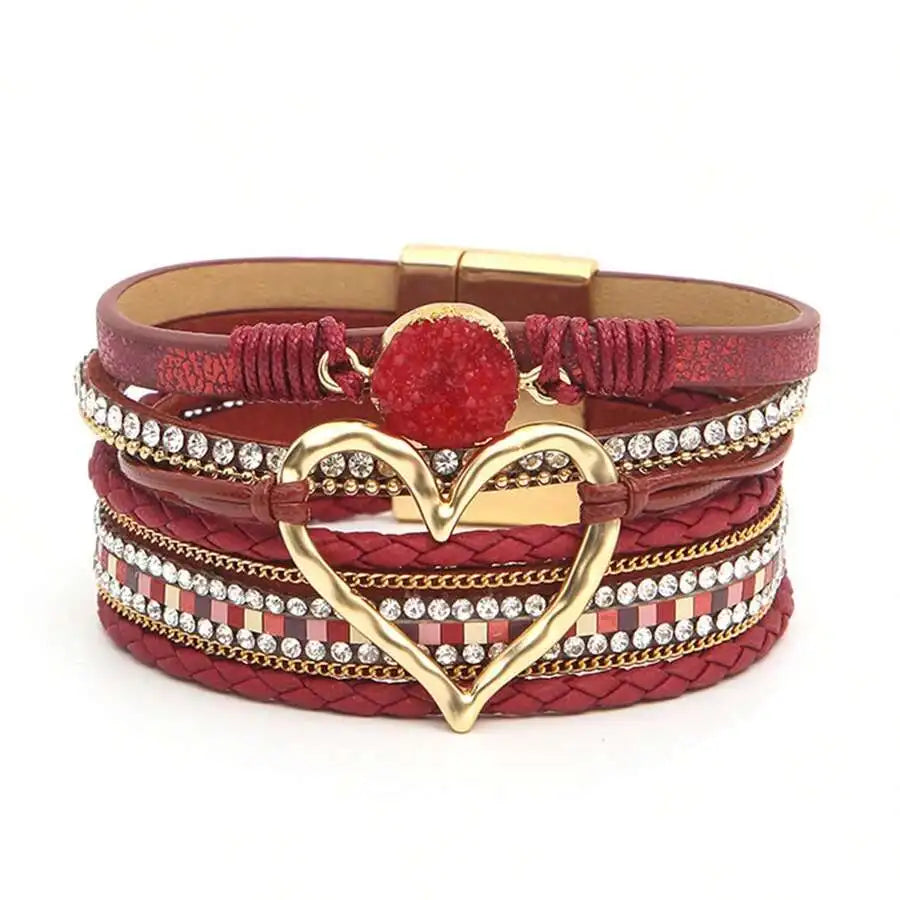 Layered PU Leather Heart Charm Wrap Bracelet With Magnetic Closure For Women, Boho Style, All Season Accessory mbzr