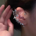 French Style Large Crystal Butterfly Ear Hook Clip Earrings Unique Hollow Wing Dangle Ear Cuff High End Nightclub Gown Fine Jewelry
