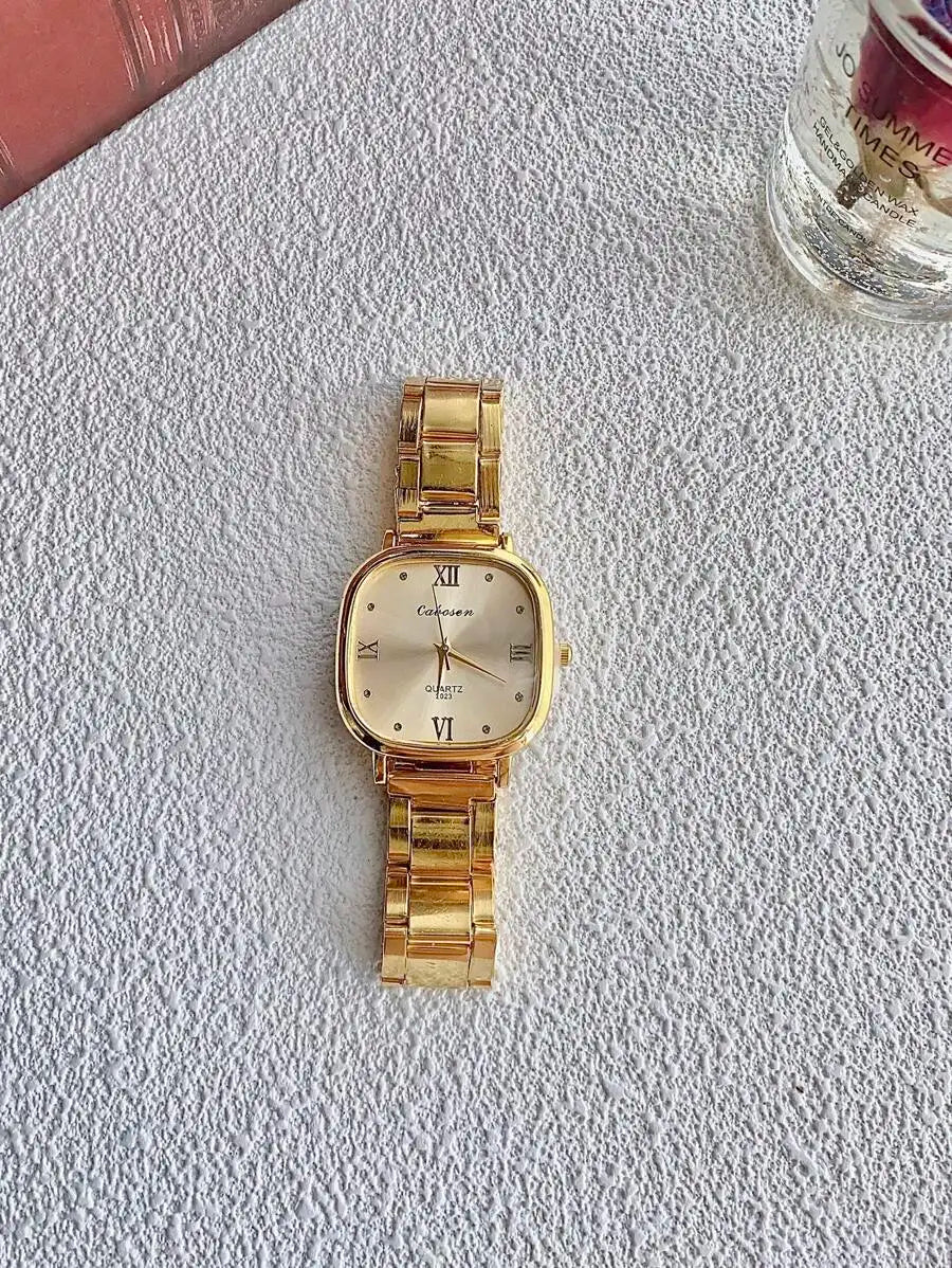 1pc Minimalist Gold Square Face Quartz Women Watch, Suitable For Daily Decoration