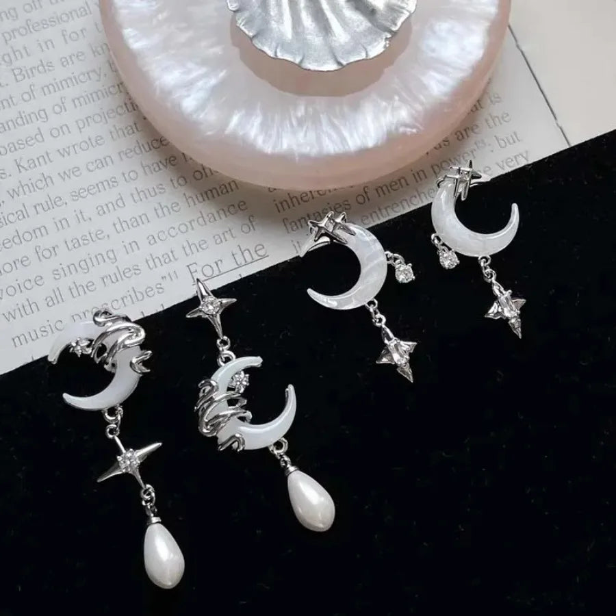 Fashion Asymmetric Shiny Star Moon Drop Earrings for Women Exquisite Metal Crystal Pearl Earrings Aesthetic Jewelry Accessories