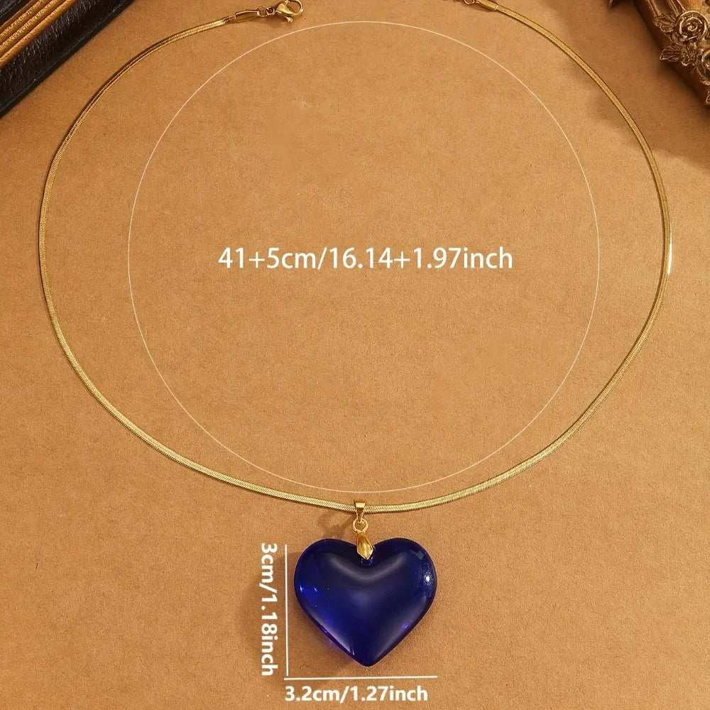 1pc Valentine's Day Stainless Steel Chain Glass Heart Pendant Necklace, Perfect for Gifting to Your Lover to Showcase the Spring Sunshine