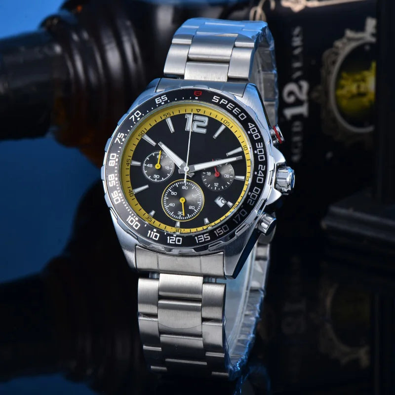 Men Racing Sport Quartz Chronograph Watch Stainless Steel Metal Bracelet 3 Sub-Dials Multicolor Dial Optional Tachymeter Bezel Date Calendar Luminous Waterproof Large Dial Business Casual Male Wrist Clock