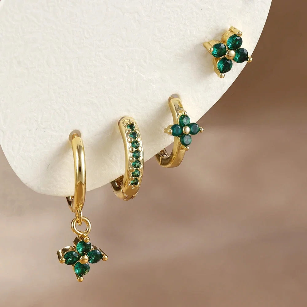 4pcs Fashion Cubic Zirconia Flower Hoop Earrings Set 18K Gold Plated Stainless Steel Stud Earring Piercing Jewelry aretes mujer
