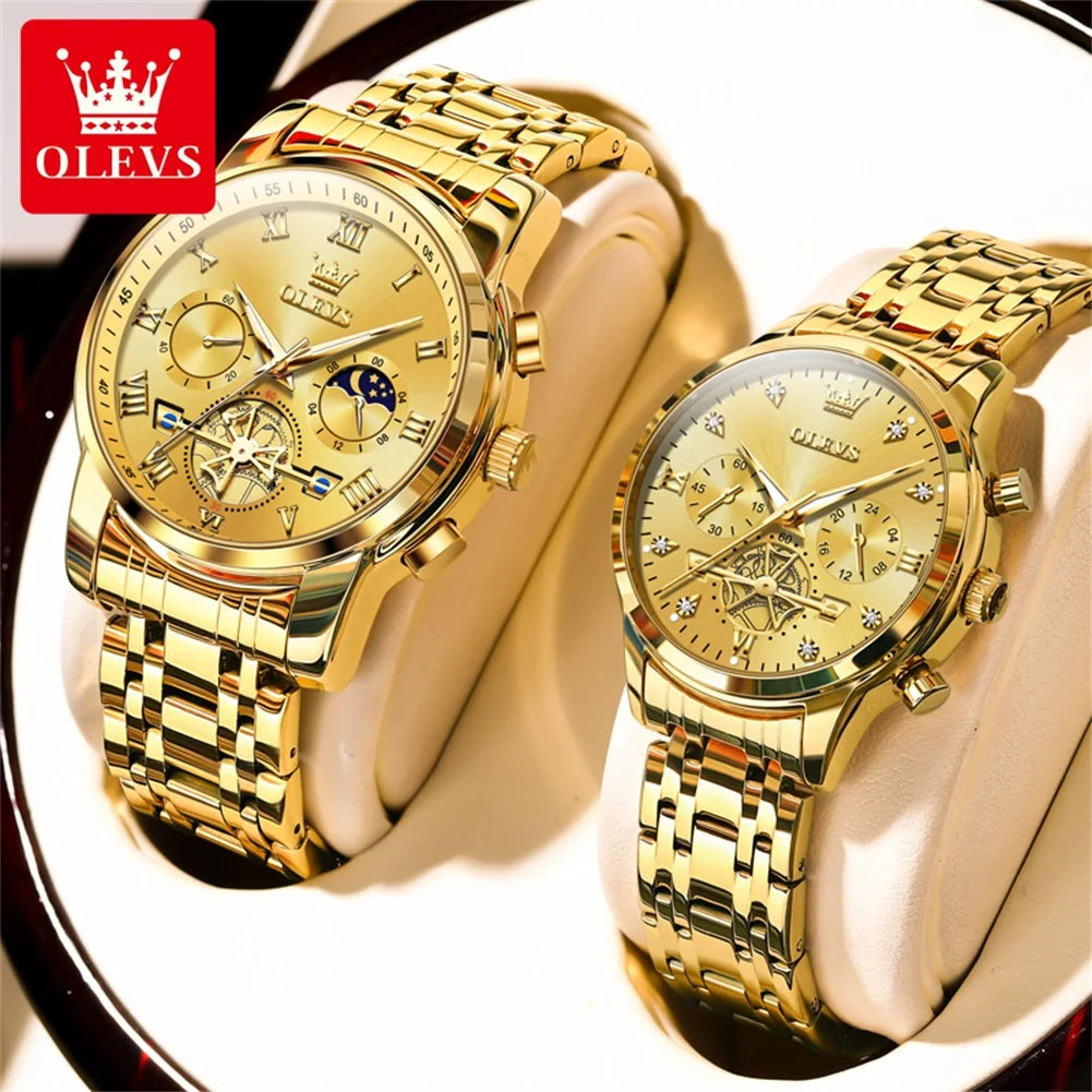 OLEVS Quartz Couple Watch Luxury Brand Waterproof Lunar Phase Timing Code Watch Elegant and Romantic Lover His  Her Couple Watch mbzr