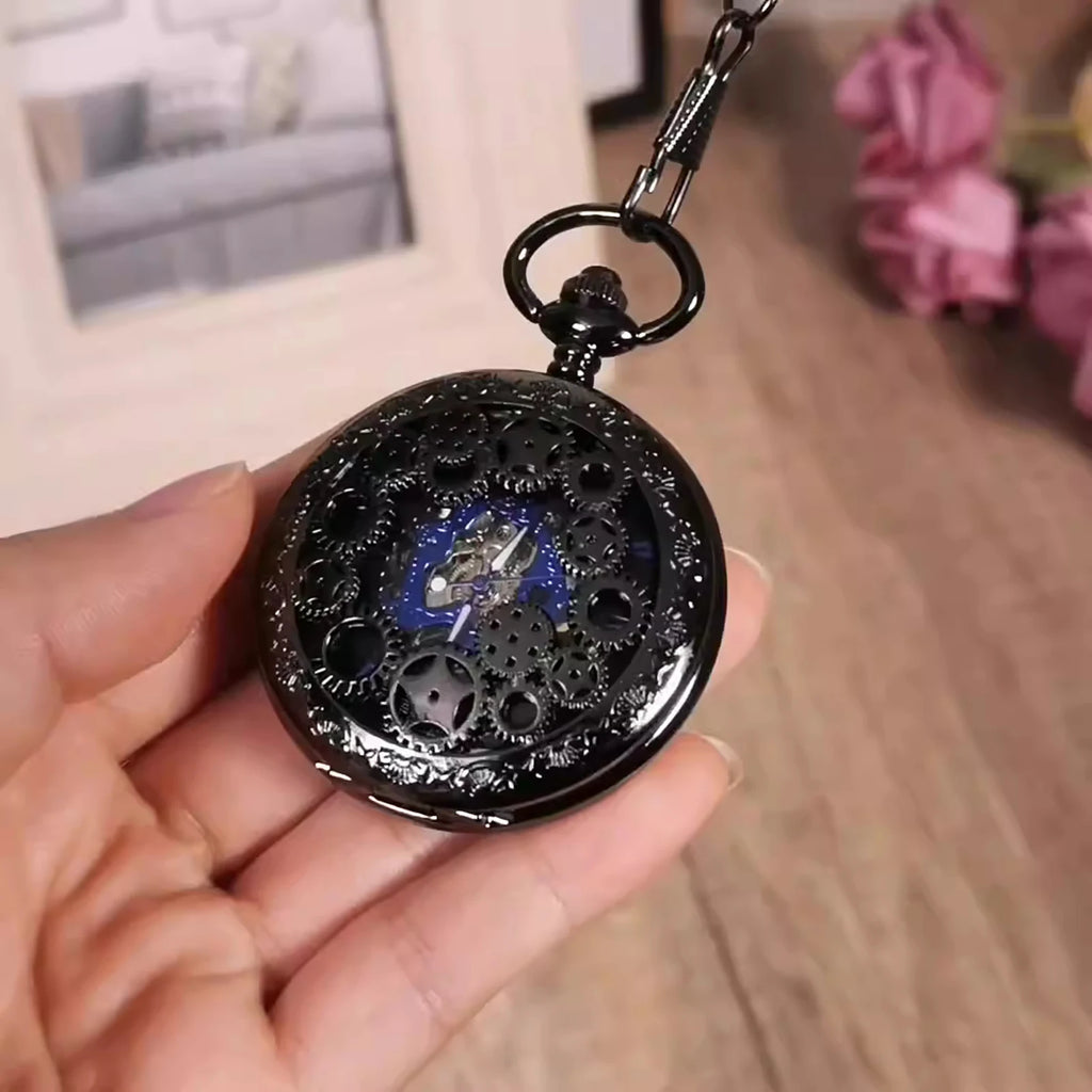 Mechanical Skeleton Pocket Watch with Roman Numerals, Classic Open Face Silver Fob Watch for Men Women