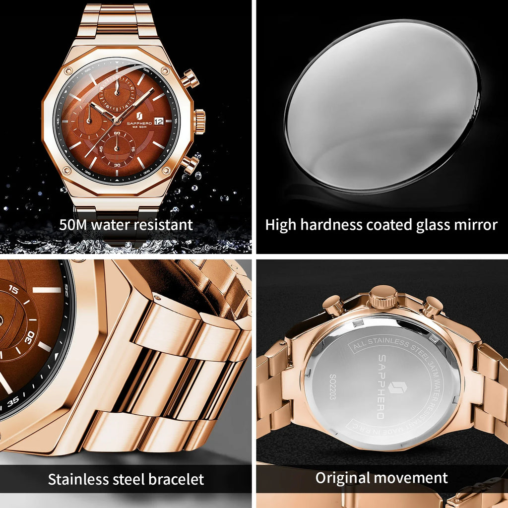 SAPHERO Men's Chronograph Quartz Watch 5ATM Waterproof Stainless Steel Business Wristwatch Perfect Gift for Father Husband mbzr