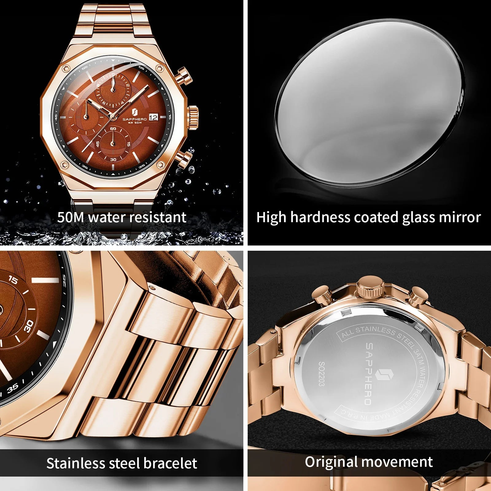 SAPHERO Men's Chronograph Quartz Watch 5ATM Waterproof Stainless Steel Business Wristwatch Perfect Gift for Father Husband mbzr