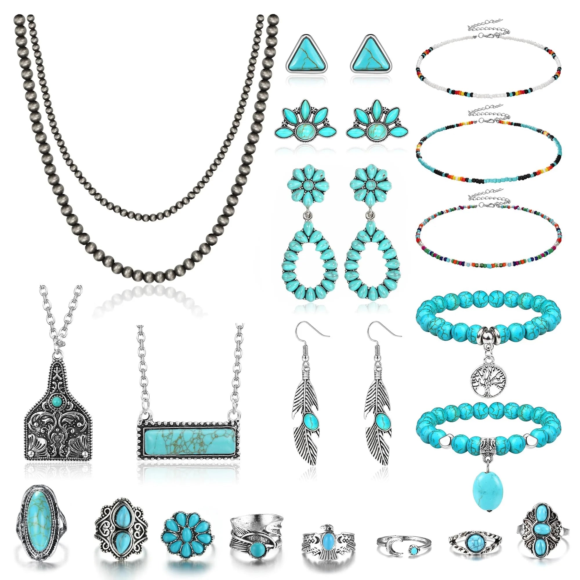 Turquoise Bohemian Jewelry Set Navajo Pearl Beaded Necklace Turquoise Earrings Bracelet mbzr