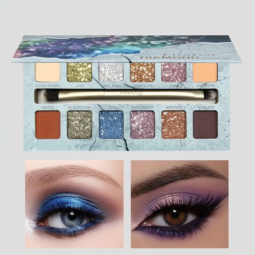 12-color eyeshadow palette, mirror packaging, pearlescent shimmer, stage makeup effect, long-lasting, easy to apply, waterproof mbzr