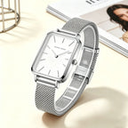 Hannah Martin Womens Watch US Local Shipping Square 34mm Dial Simple Bar Scale Silver Stainless Steel Milan Strap Japanese Original Quartz Movement Clock Nordic Fashion Style Suitable for Various Dressing Styles, Women Gift C