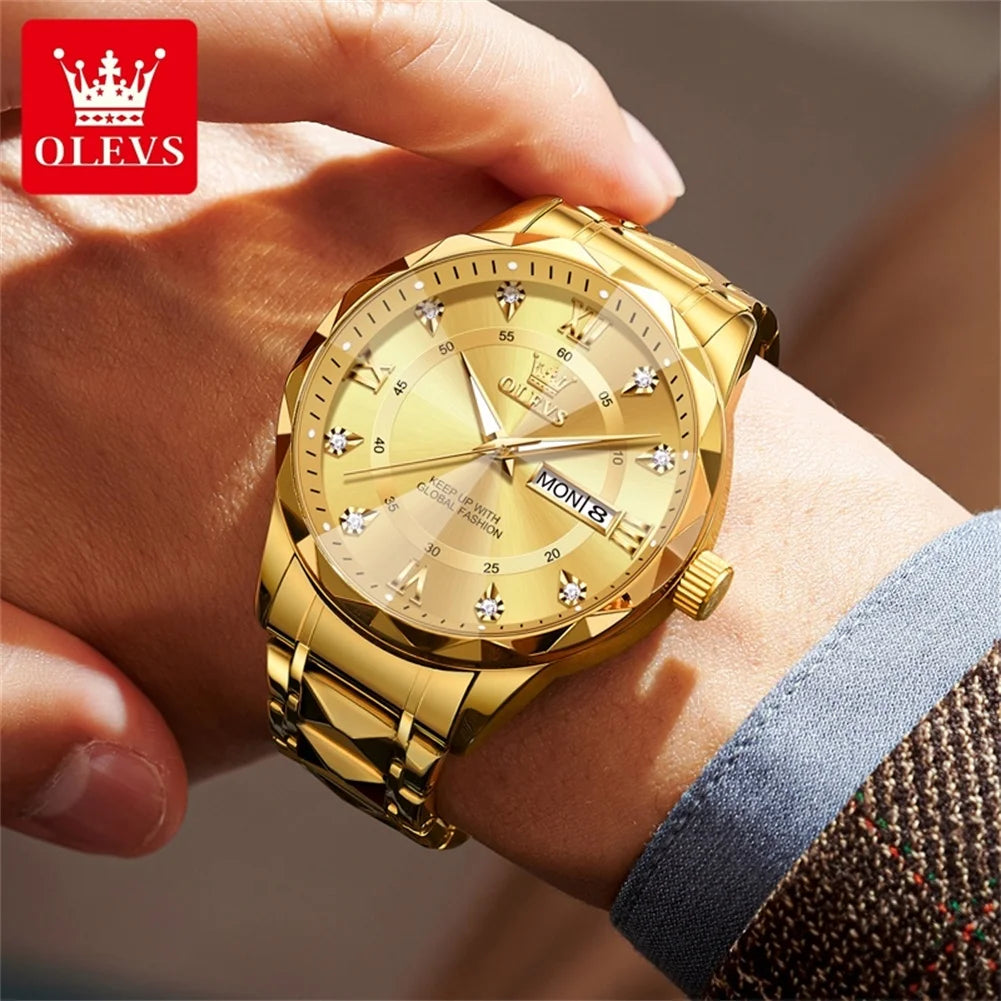 OLEVS 5609 Brand Original Quartz Movement Watch For Men Big Diamond Dual Calendar Dial Steel Bracelet HD Luminous Function 30m Waterproof Watch