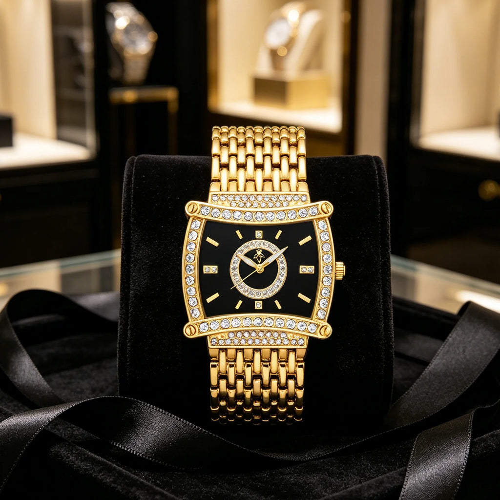 YaLaLuSi Tonneau Square Full Rhinestone Women Watch Black  Dial Double Halo Crystal Bezel Multi-Row Gold Link Bracelet Ladies Quartz Dress Wristwatch