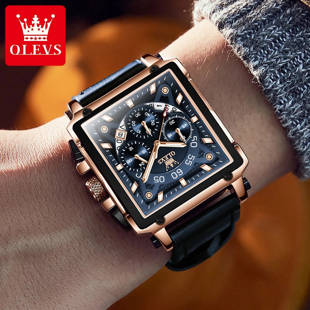 OLEVS 9919 Chronograph Multifunctional Quartz Men's Watch Leather strap 45MM Square Big Dial Leisure Sports TOP Brand Male Watch mbzr