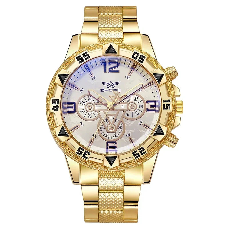 Luxury Watch Classic Large Dial Alloy Steel Strip Blue Light Three Eye Quartz Watch mbzr
