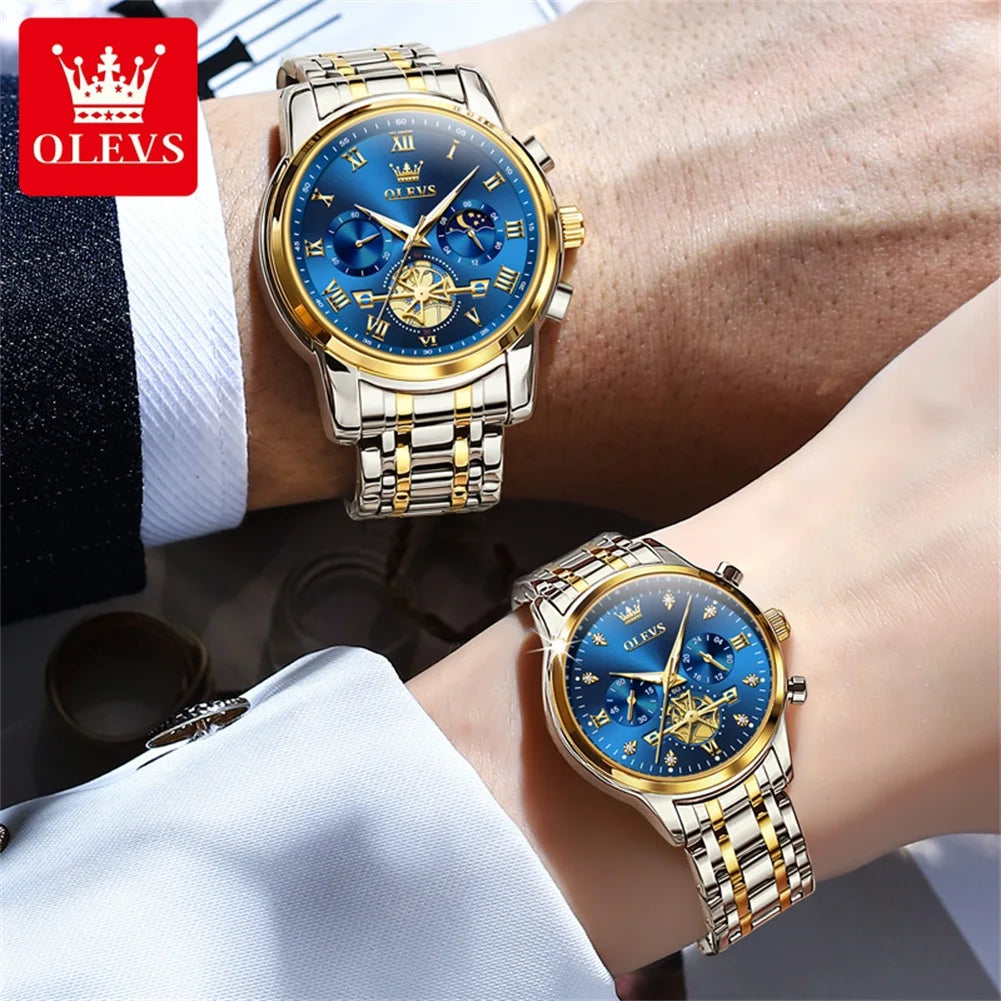 OLEVS Quartz Couple Watch Luxury Brand Waterproof Lunar Phase Timing Code Watch Elegant and Romantic Lover His  Her Couple Watch mbzr