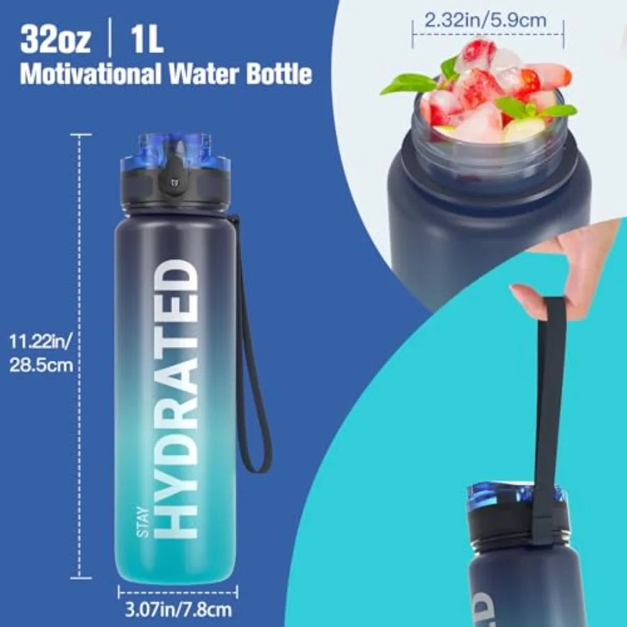 Water Bottle 32oz, Durable and Leakproof Water Bottles Motivational with Time Marker, Tritan, BPA Free, Wide Mouth with Easy Cl mbzr