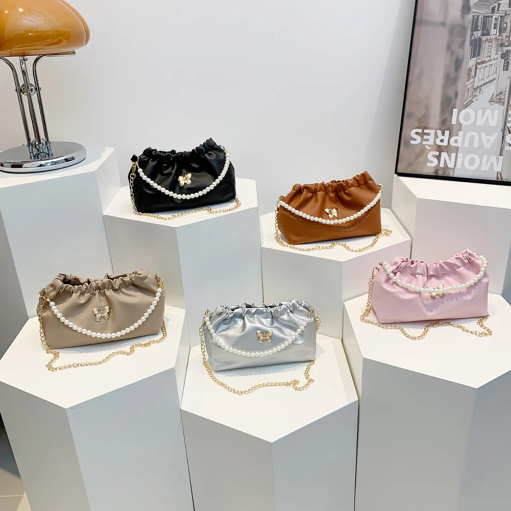 Women PU Butterfly Handbag Fashion Shoulder Bag Pearl & Chain Strap Stylish Messenger Bag Solid Color for Party Vacation